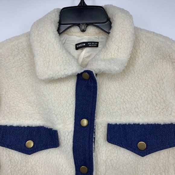 Shein Jacket Faux Shearling Button Front Beige Blue Contrast - Picture 4 of 11